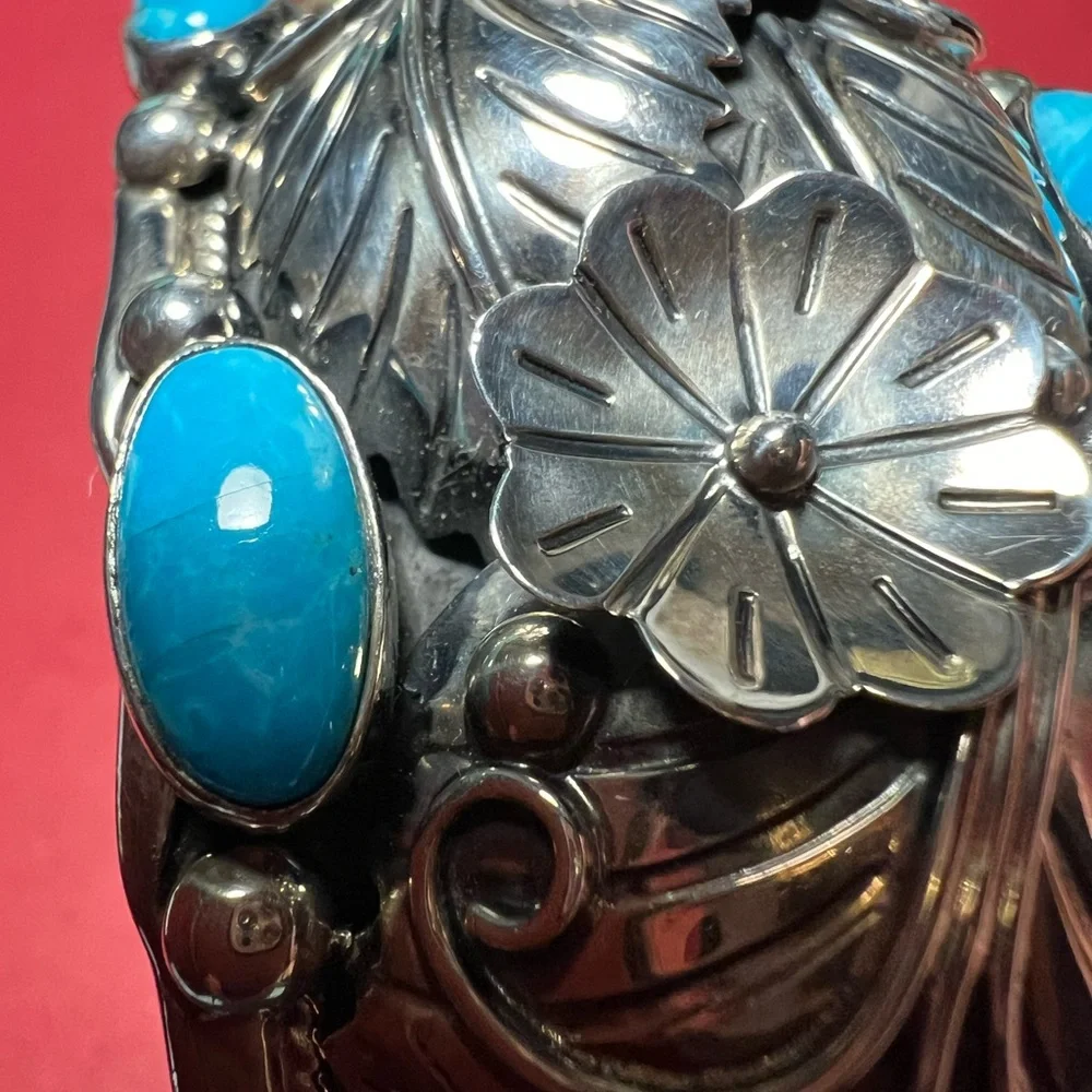 Vintage sterling silver Cuff Bracelet c11 925 Mexico Flower design/ turquoise - Picture 16 of 16